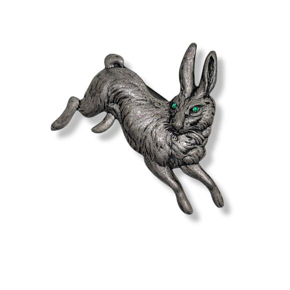 Antiqued Pewter Crystal Green Eyed Hare Bunny Brooch Pin Pendant - Picture 1 of 4